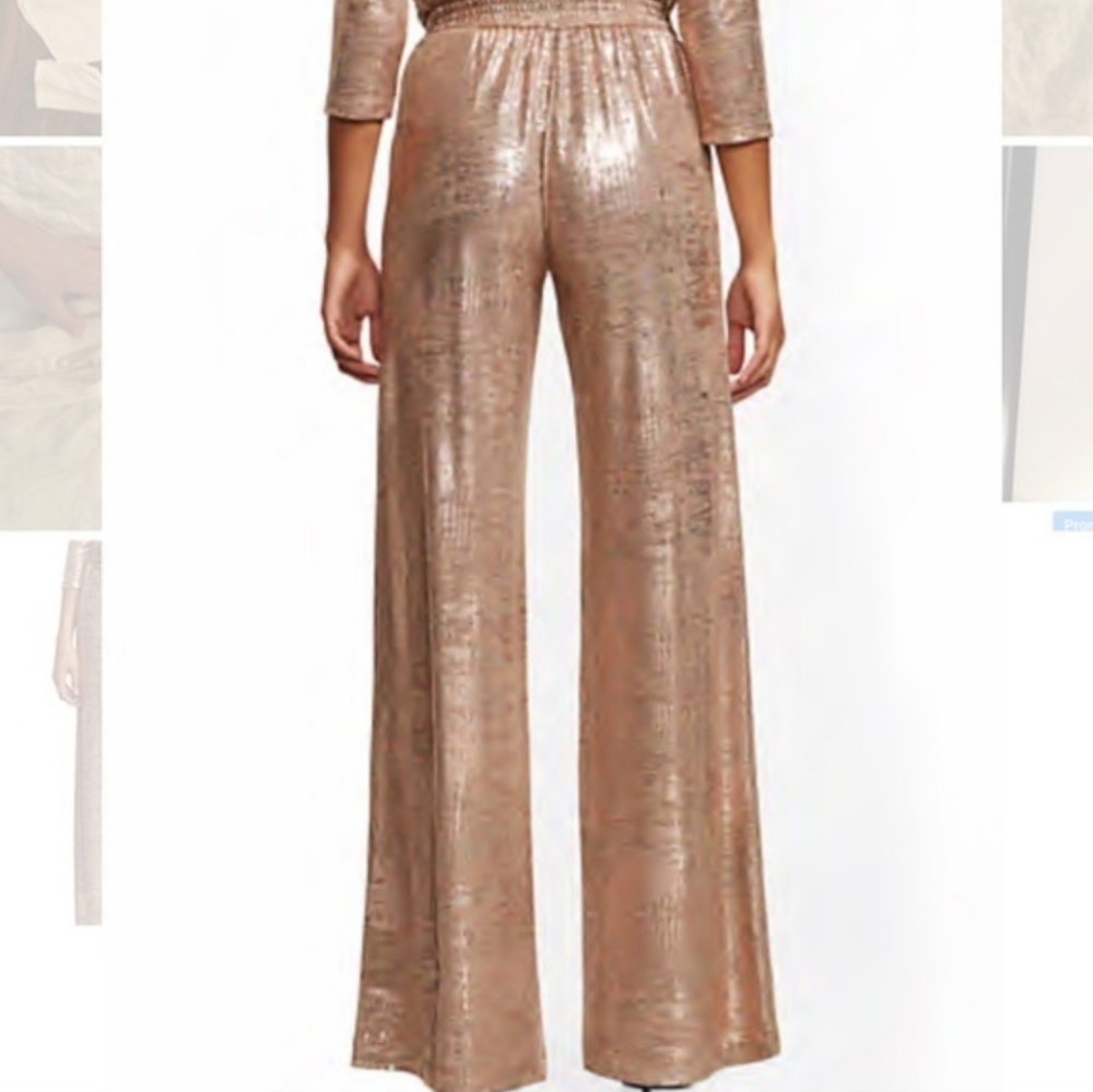 New York & Company Metallic Rose Gold Wide-Leg Jumpsuit Pants - Picture 2 of 9